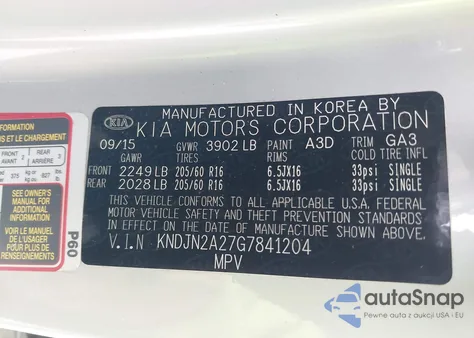 2016 Kia Soul z USA, uszkodzony, nr VIN KNDJN2A27G7841204